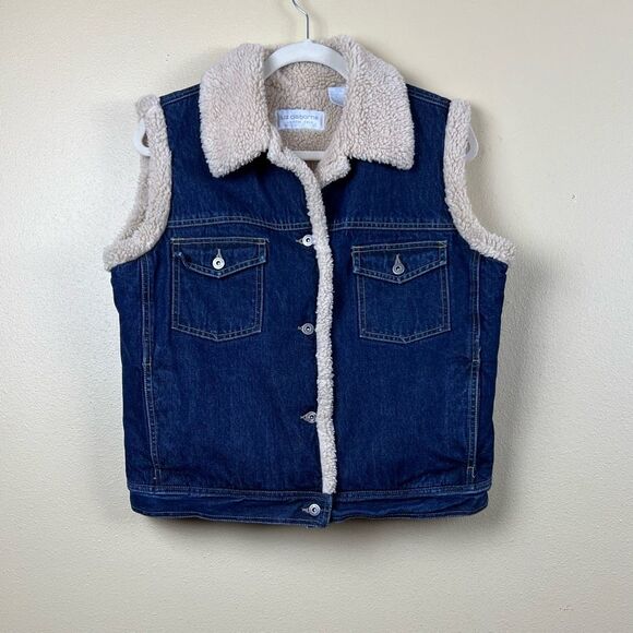 Vintage Liz Claiborne Jeans Denim Vest Sherpa Dark Blue Cream Cottton Size L - Picture 4 of 8